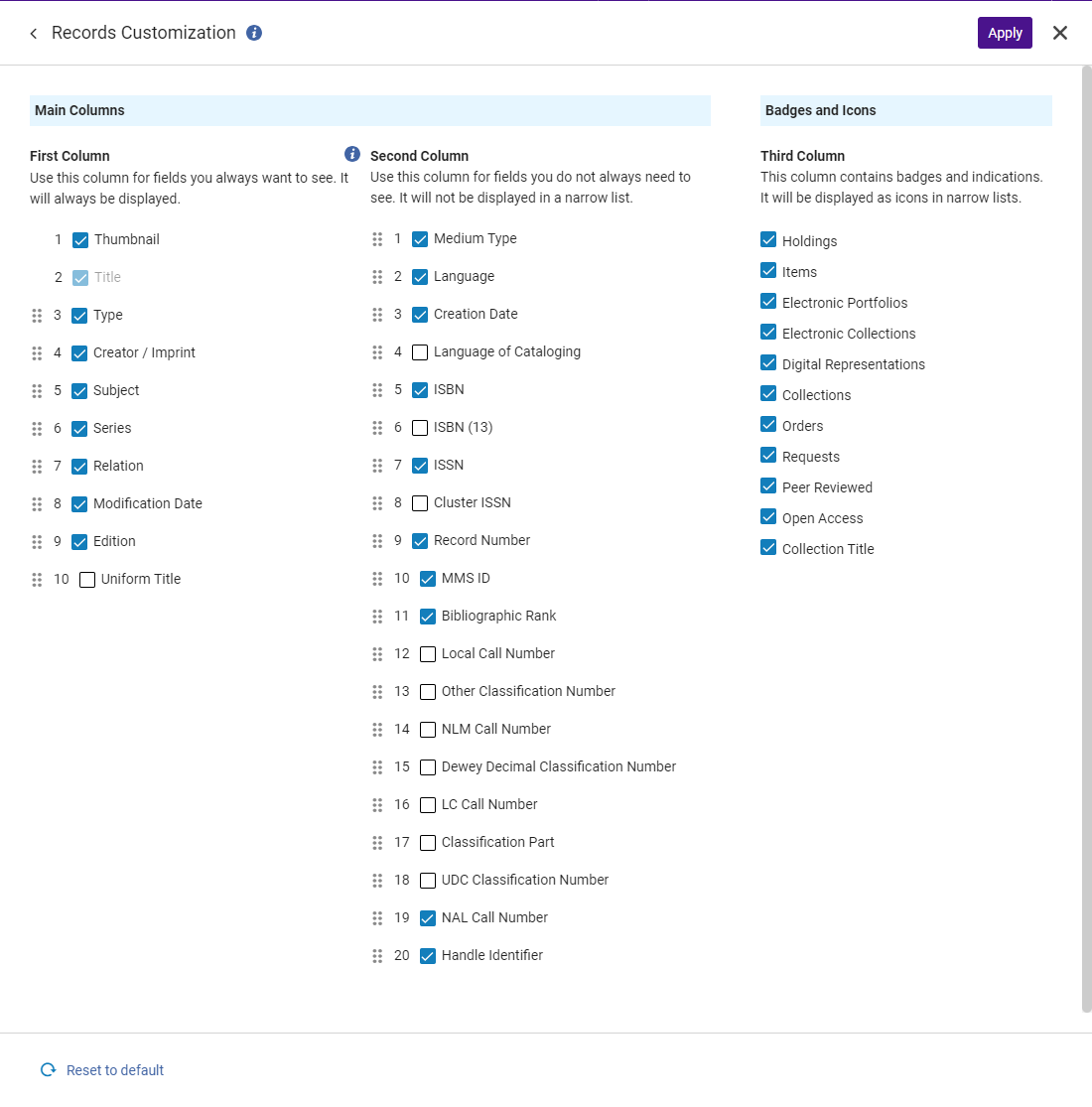 The Records Customization Options page
