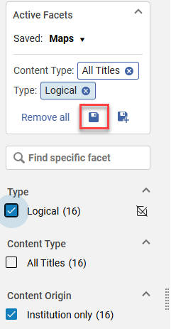 The Save icon in the Active Facets pane.