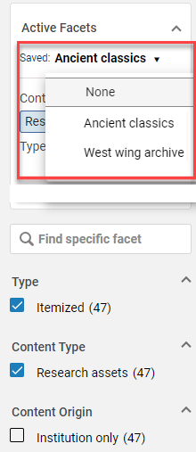 Saved facets in the Manage Sets page.