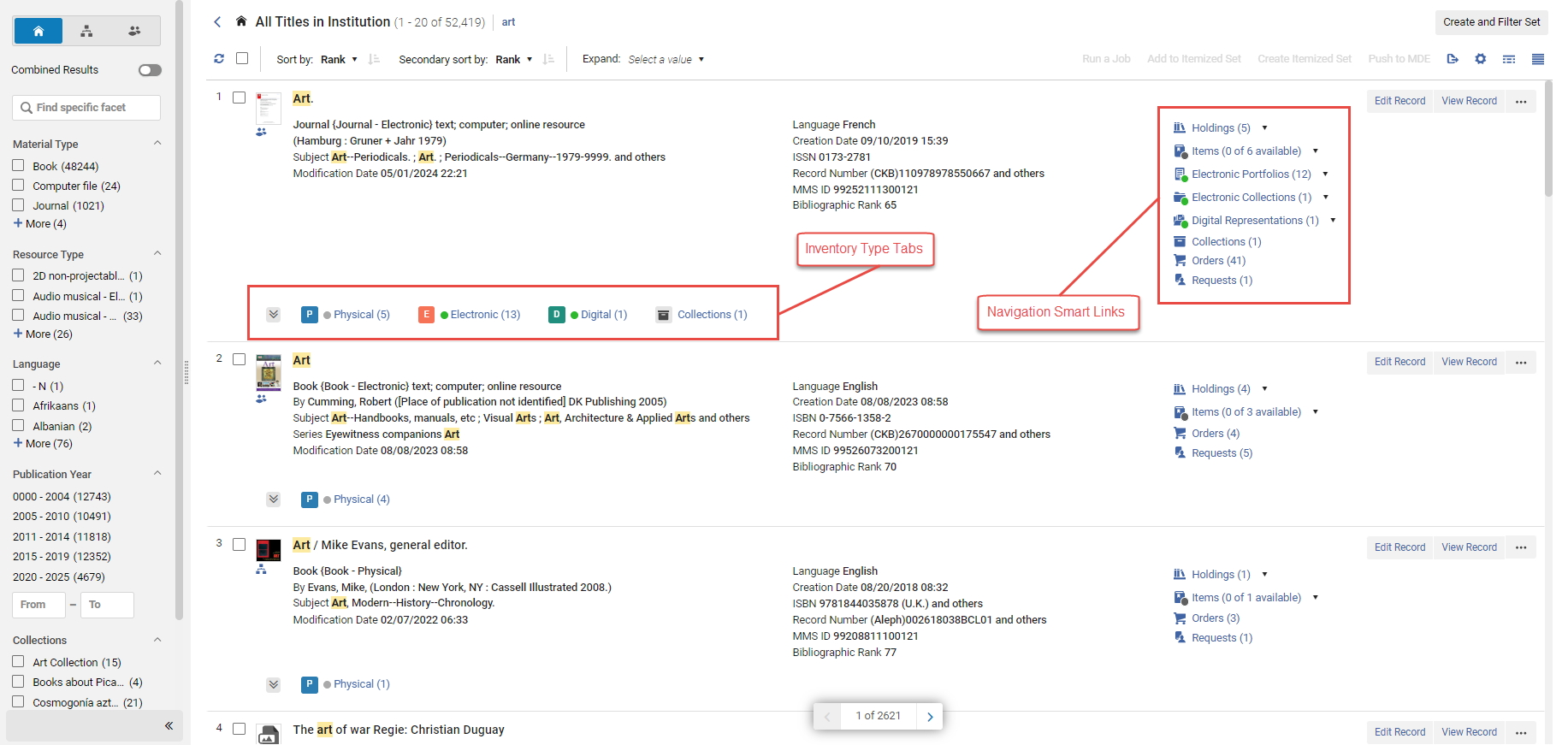 Search Results - Inventory Type Drawers and Navigation Smart Links displayed in List View