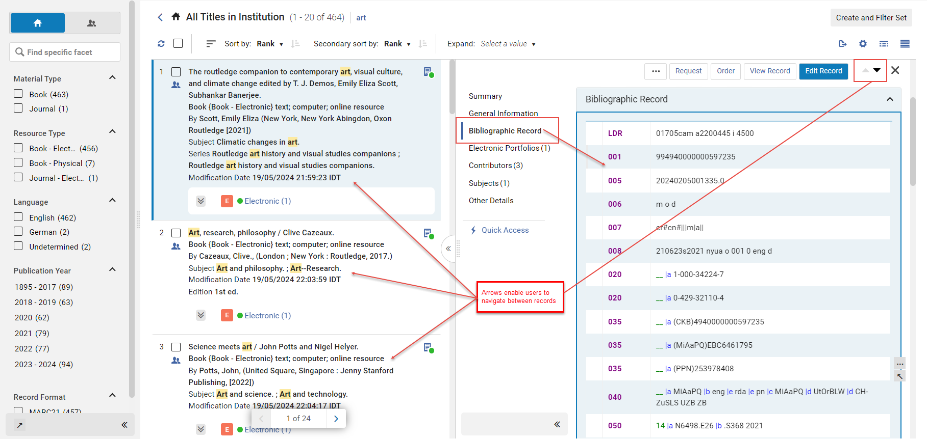Bibliographic Record Section in Unified Titles Search
