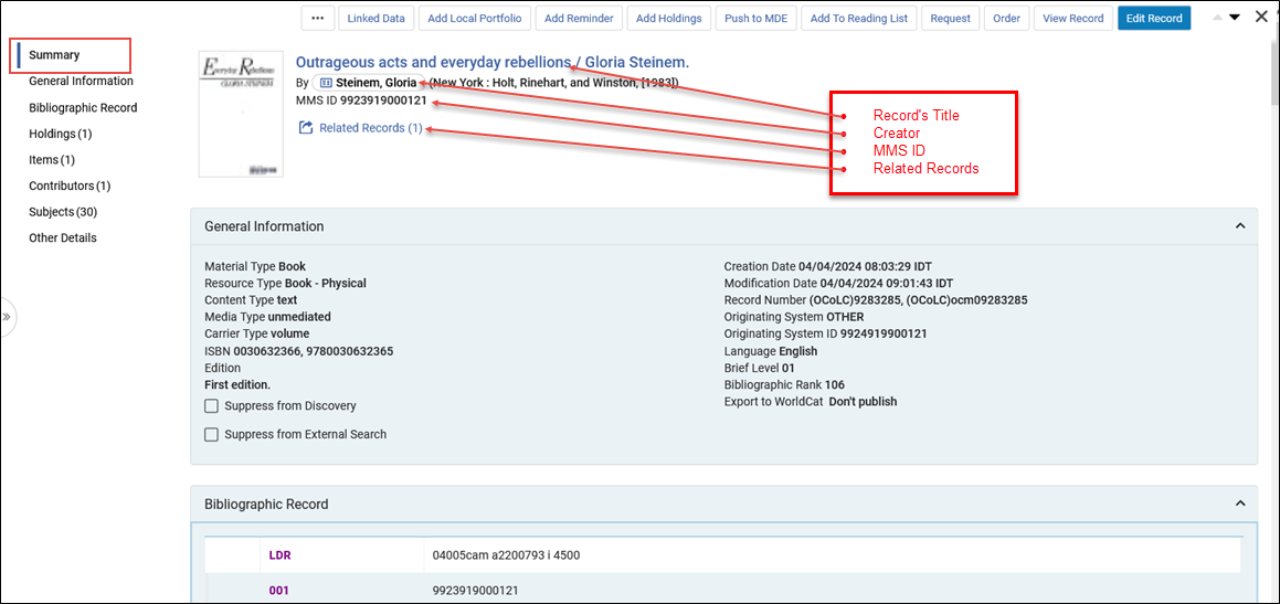 Summary Section displaying details
