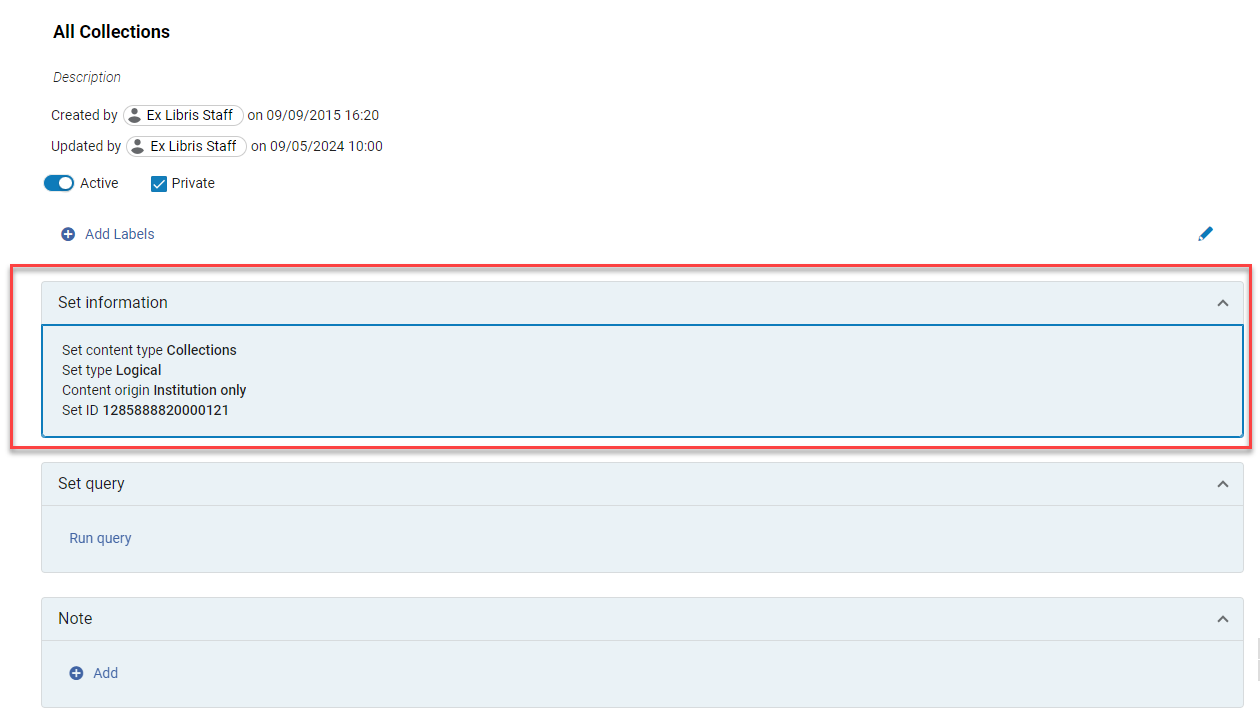 The Set information section after selecting it from the Quick Acces module.