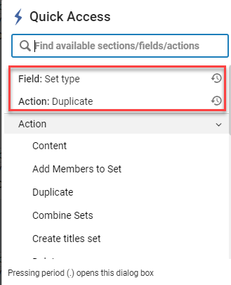 The sticky menu options for the Quick Access module.