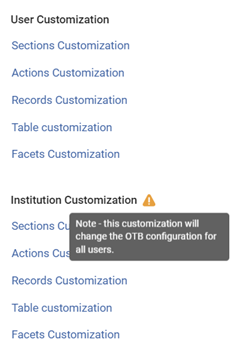 User and Institution Customizations Menu