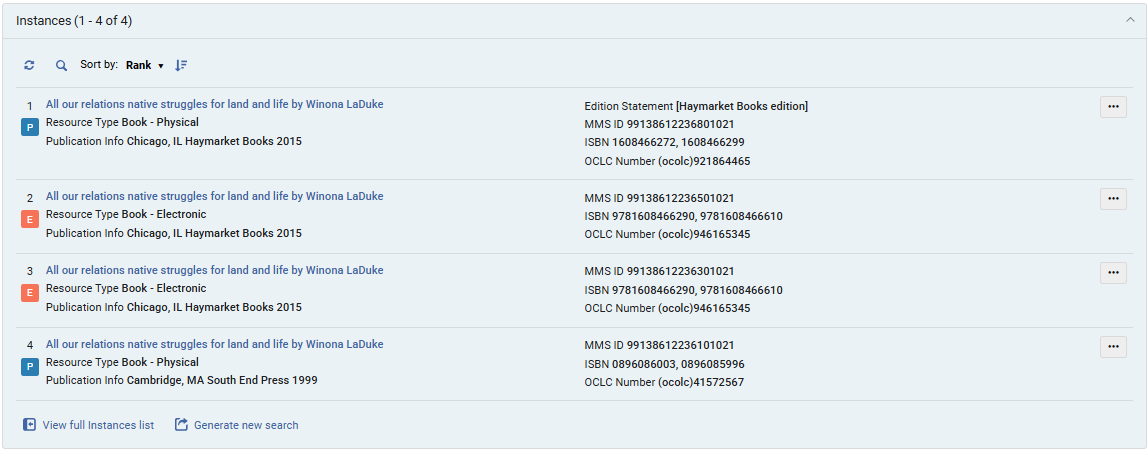 Work Search - Instances Section