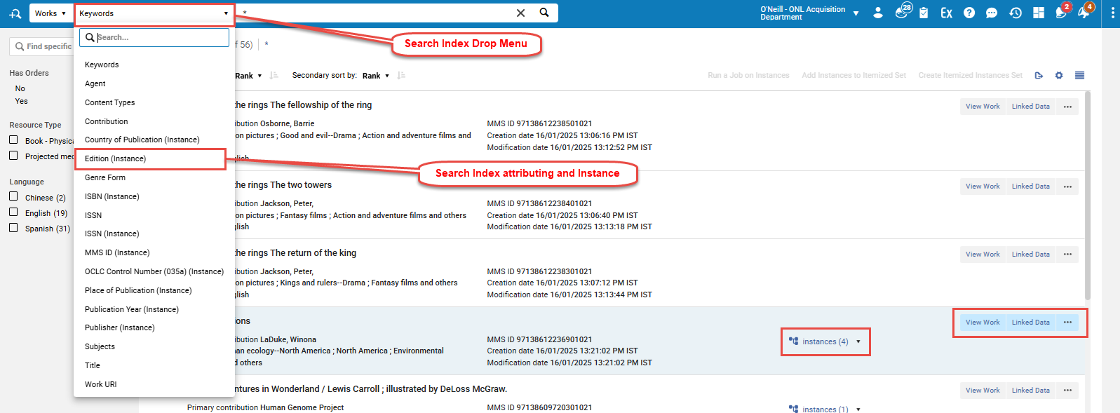 Works Search Results - Search Fields and Buttons