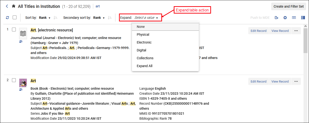 Search Results - Expand table actions