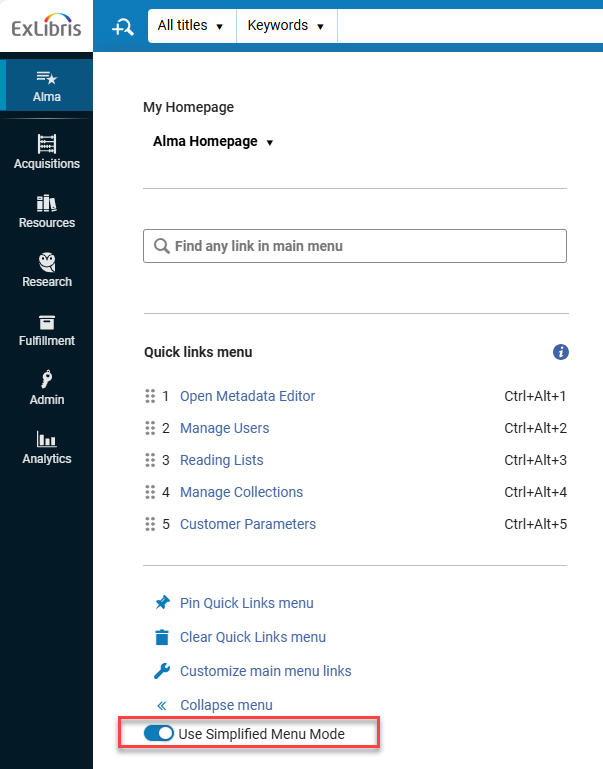 The simplified menu option in the navigation pane.