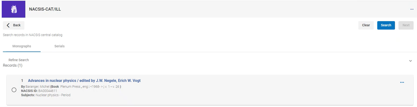 The NACSIS search results.