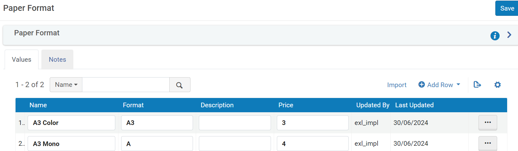 The paper format configuration page.