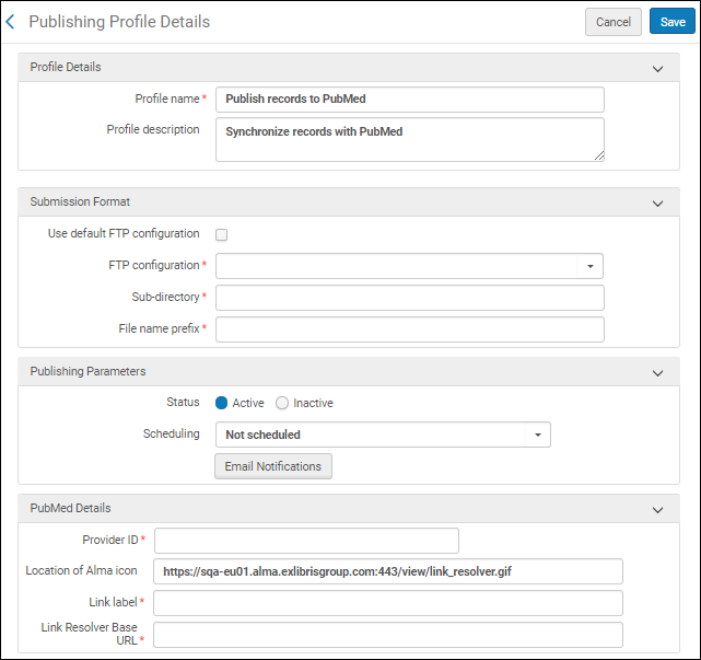 PubMed Publishing Profile Details Configuration Page
