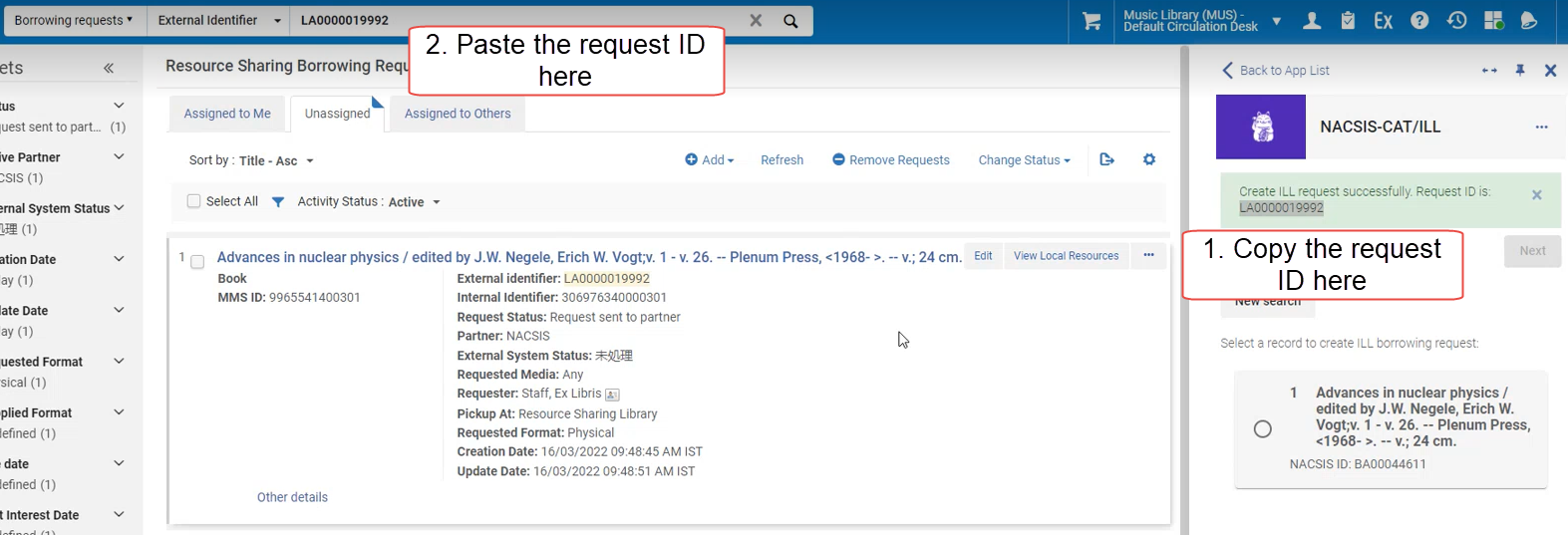 The areas to copy and paste the request ID.
