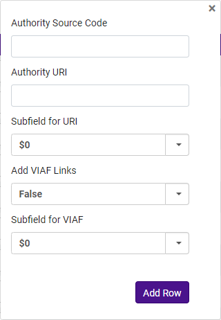 Add Row dialog window enabling users to manually add URIs to enrich MARC records if there is already a URI in the $0/$1