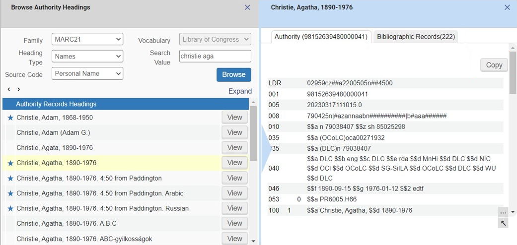 Browse Authority Headings Results List