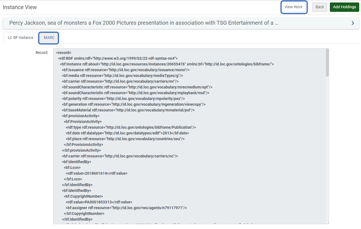 BIBFRAME instance searched via Alma's all-titles search and can be viewed in the instance record view by selecting "View Work".