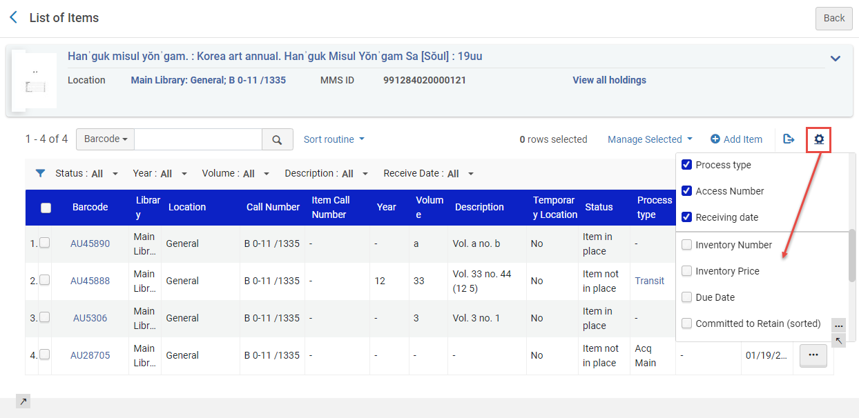 List of Items page enabling list columns to be configured