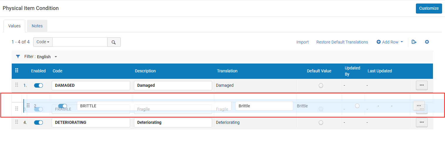 Physical Item Condition - Drag and Drop to re-order condition