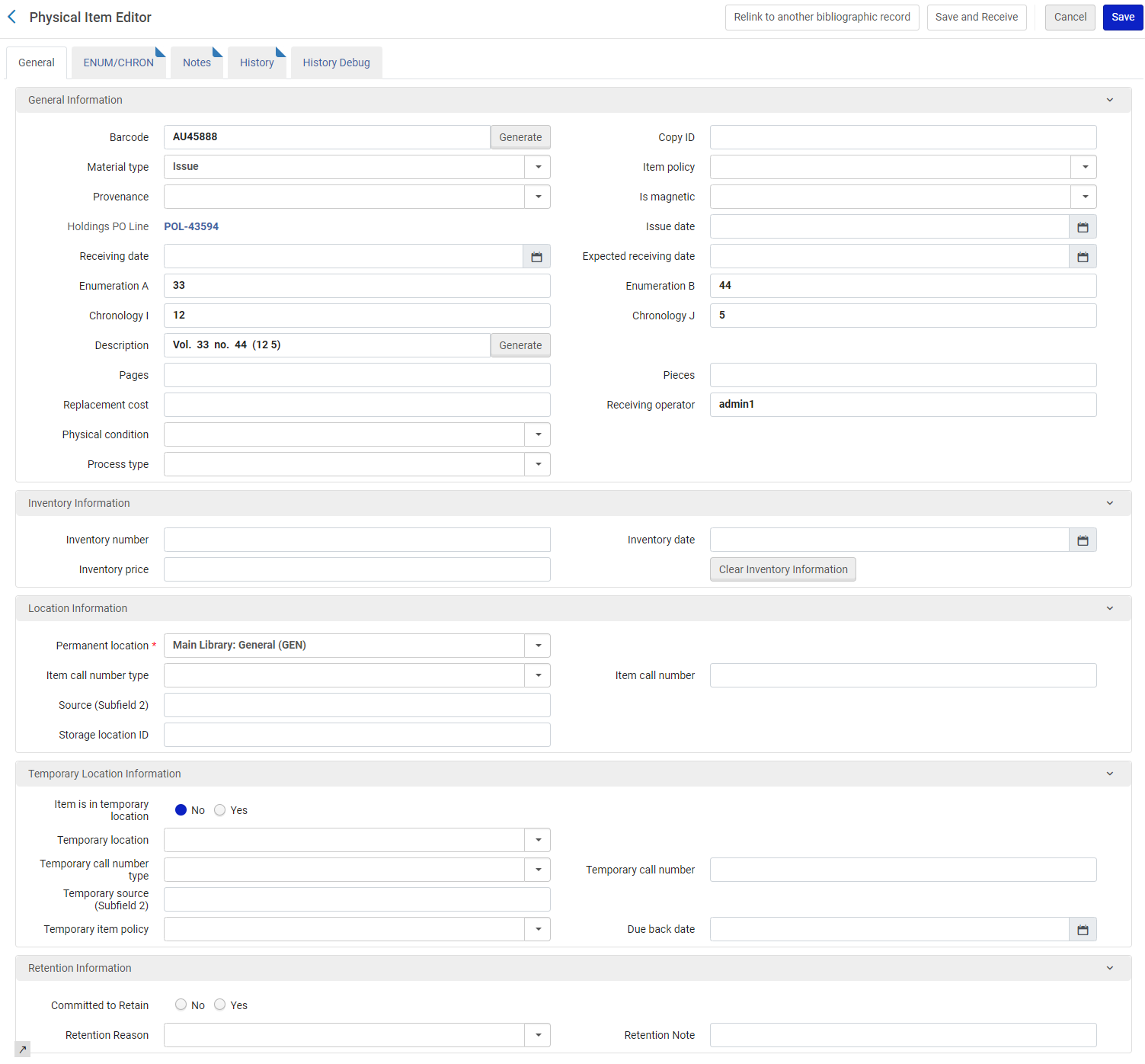 Physical Item Editor screen