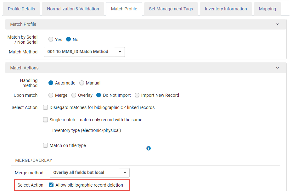 Allow bib record deletion on Match Profile