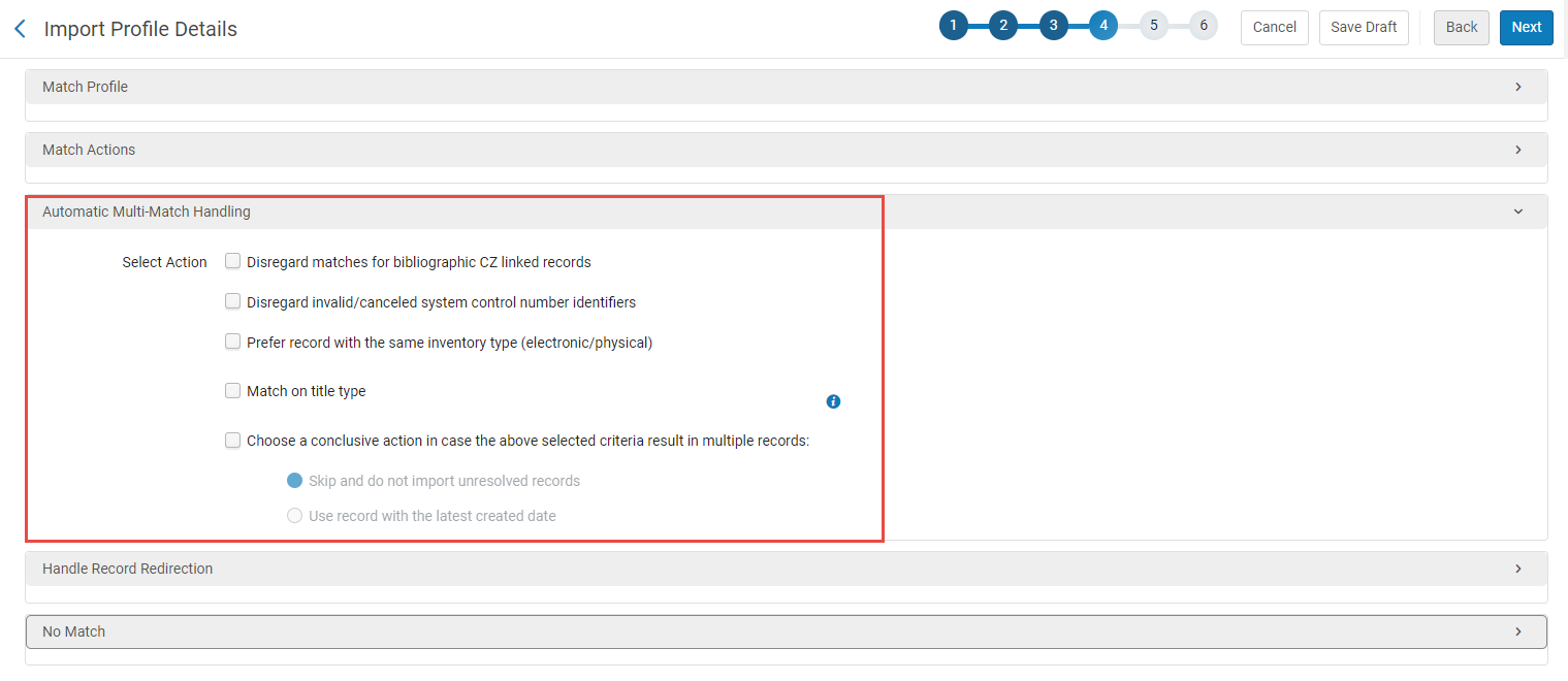 Automatic Multi Matches Handling Section - Import profile details