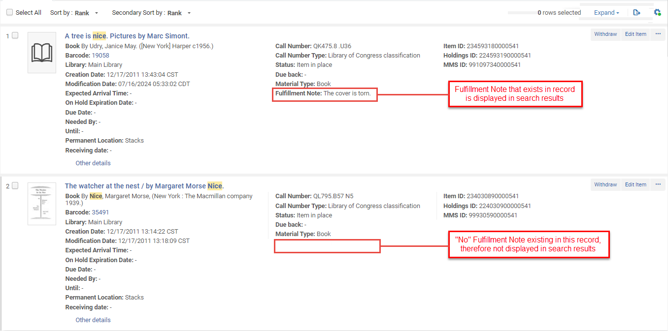 Customize Records Display in Search Results - example shown of Fulfillment Note appearing in the results