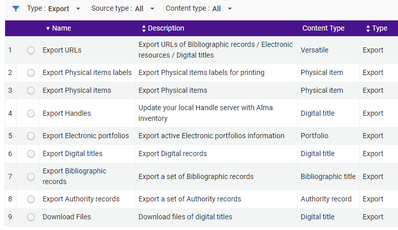 Export Jobs Wizard in Alma UI