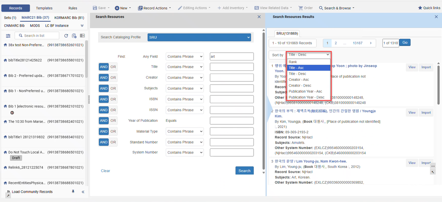 The sort option for Alma SRU-based external search resources.