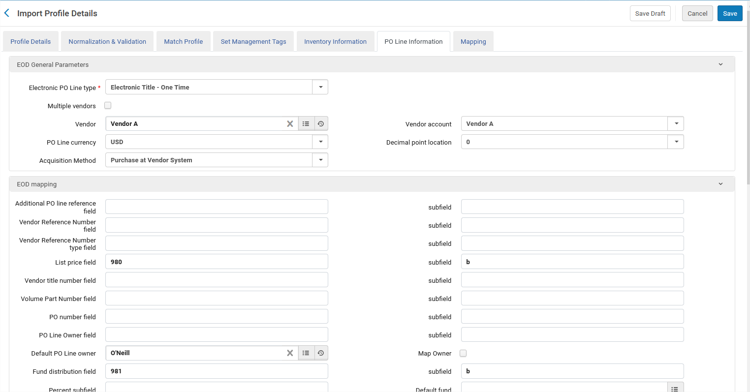 The import profile/PO line information tab.