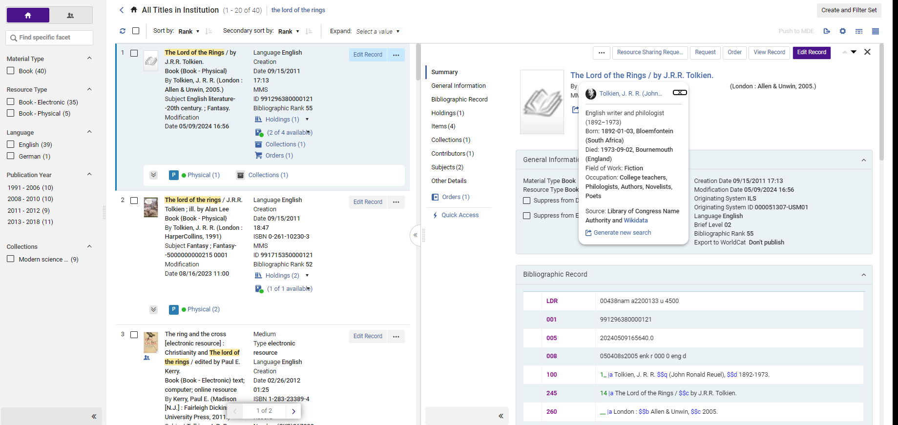 The new titles search split view, including details on the bibliographic record, creator and inventory, and the ability to perform actions directly from search