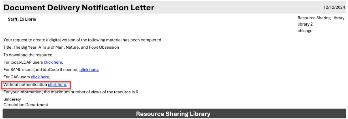 The without authentication link in the document delivery notification letter