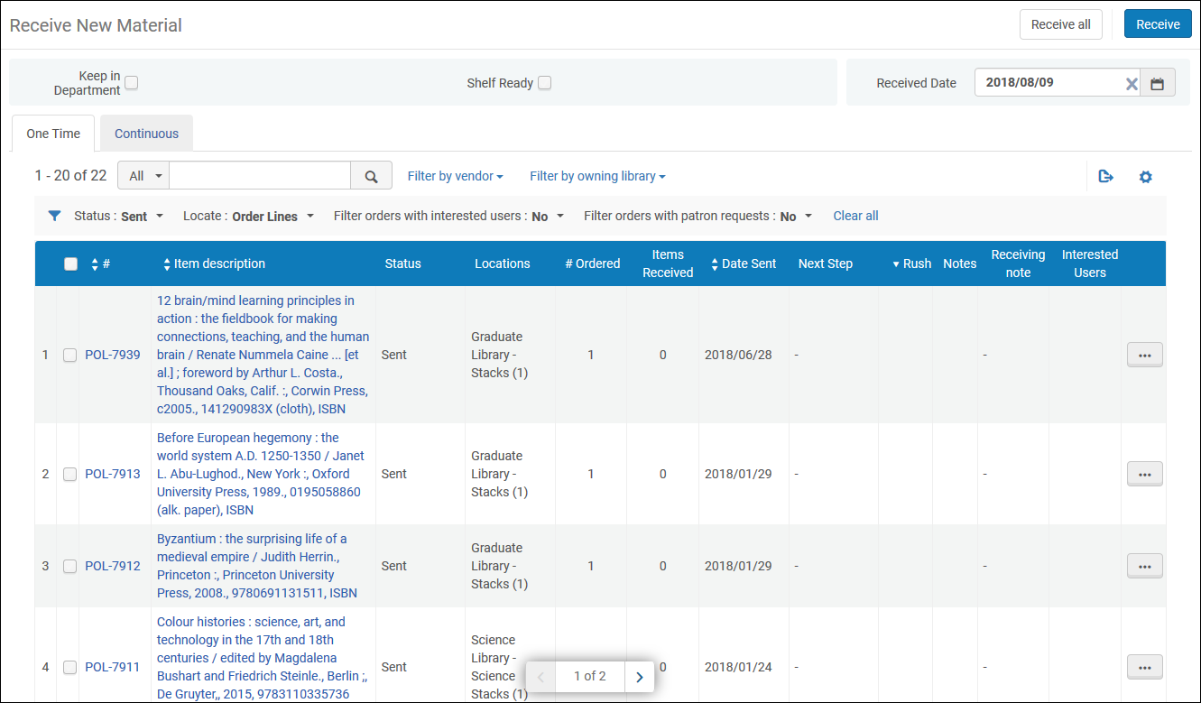 Receive New Material Page