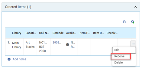 The Receive action in the Ordered Items section for the PO line.