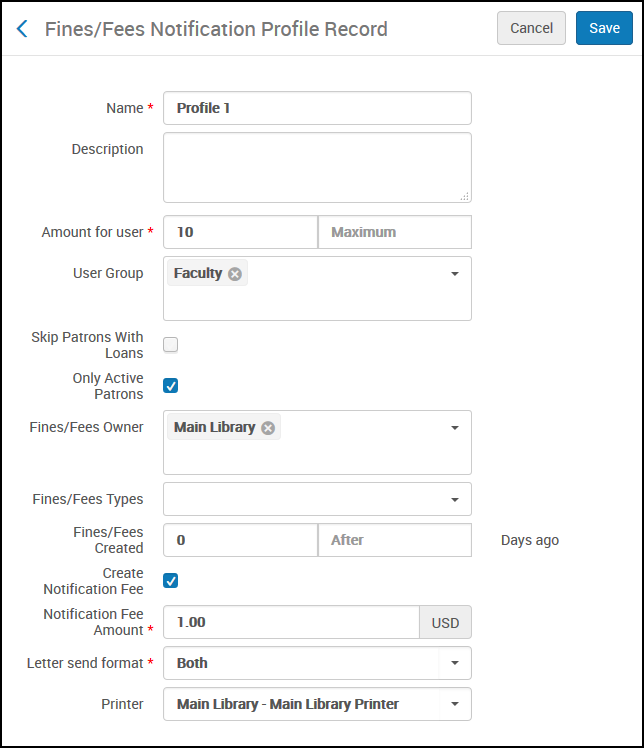 Fines/Fees Notification Profile