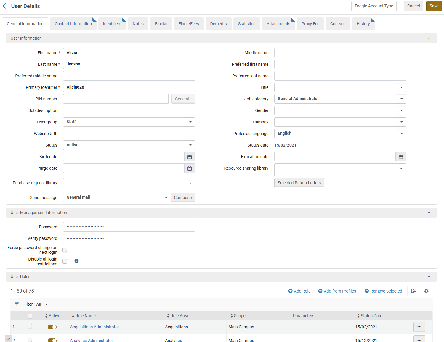 The User Details page