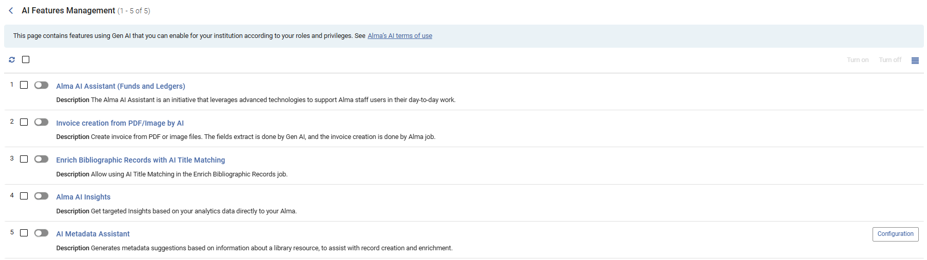 The AI Features Management page
