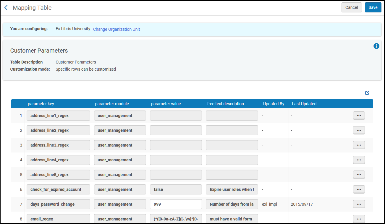 Customer Parameters Mapping Table Page (Other Settings)