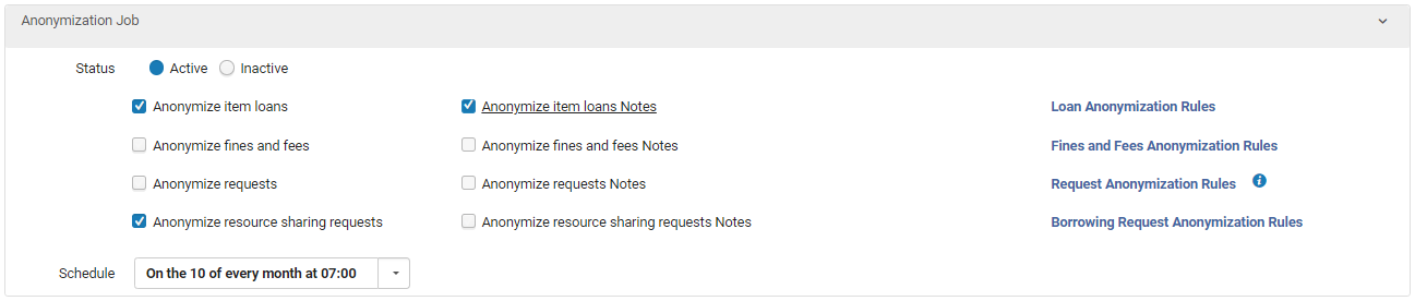 Anonymization Job section of the Fulfillment Jobs Configuration page