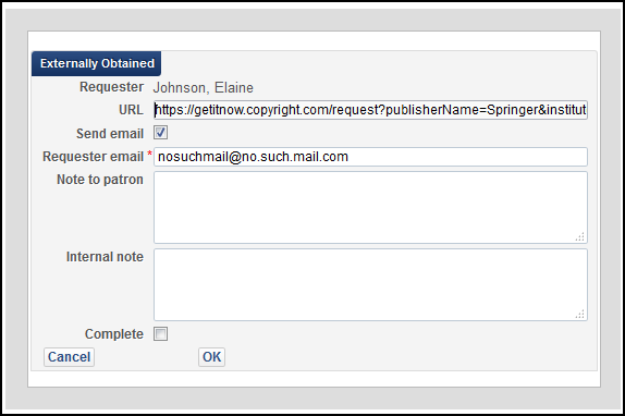 Externally Obtained Email Dialog Box
