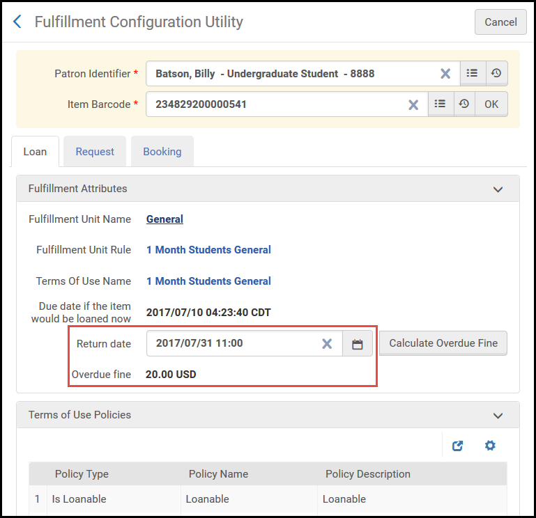 Fulfillment Configuration Utility Page – Overdue Fine for Given Return Date