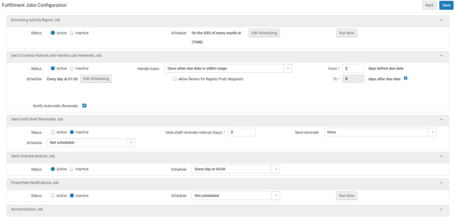 Fulfillment Jobs Configuration Page