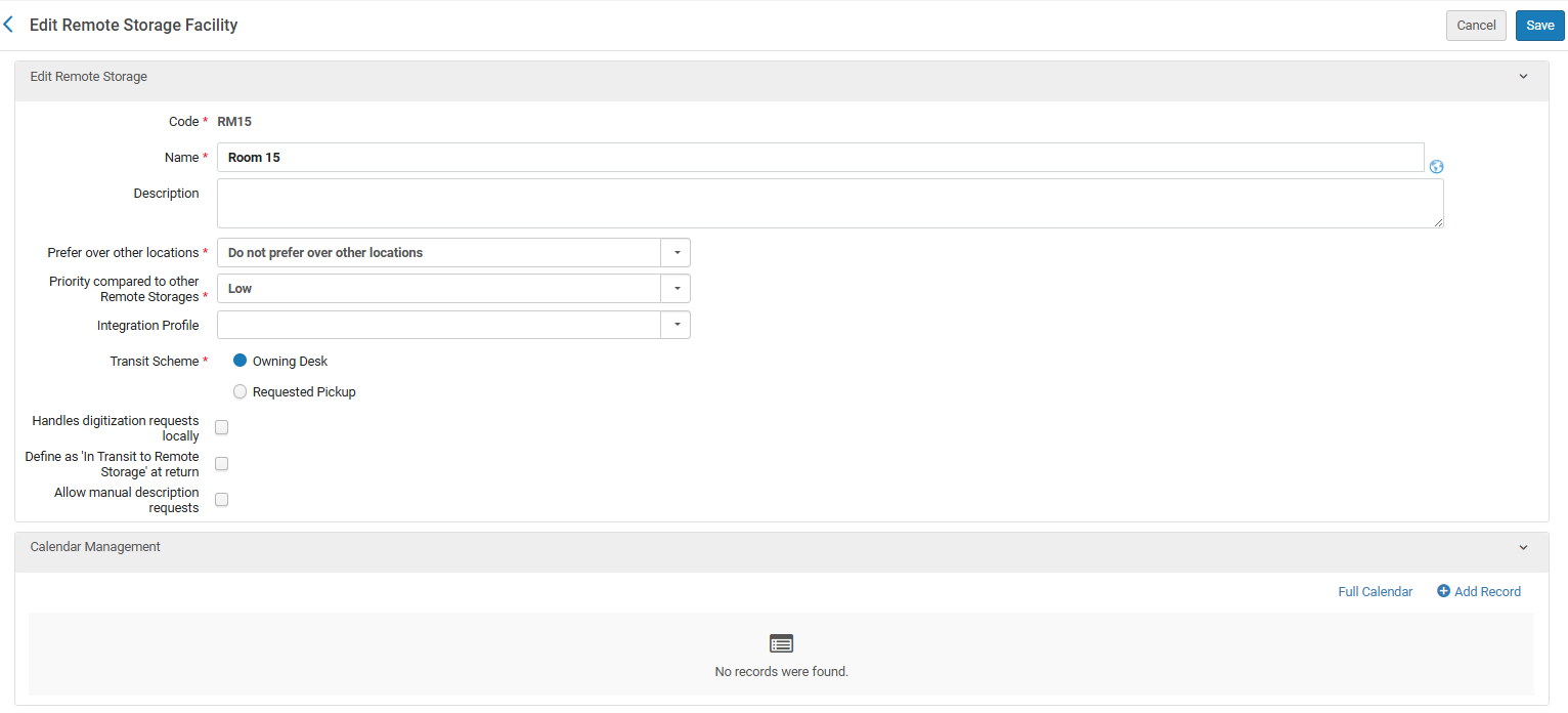 Edit Remote Storage Facility Page