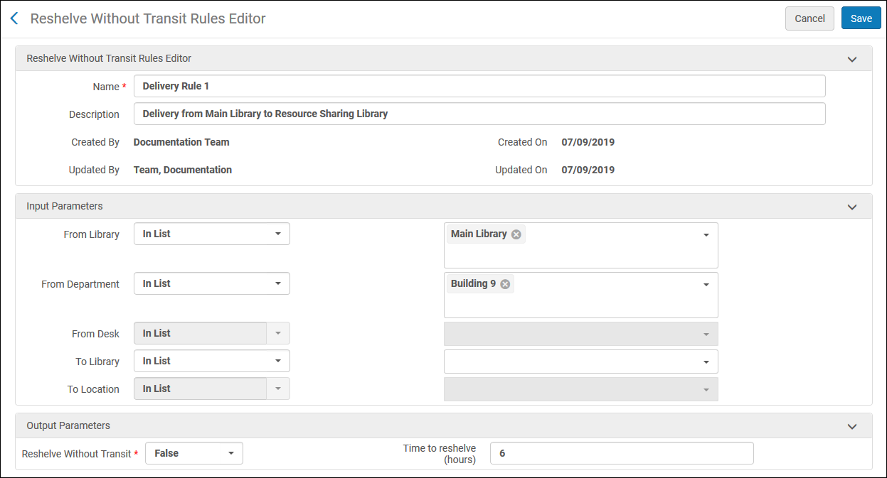 Reshelve Without Transit Rules Editor Page
