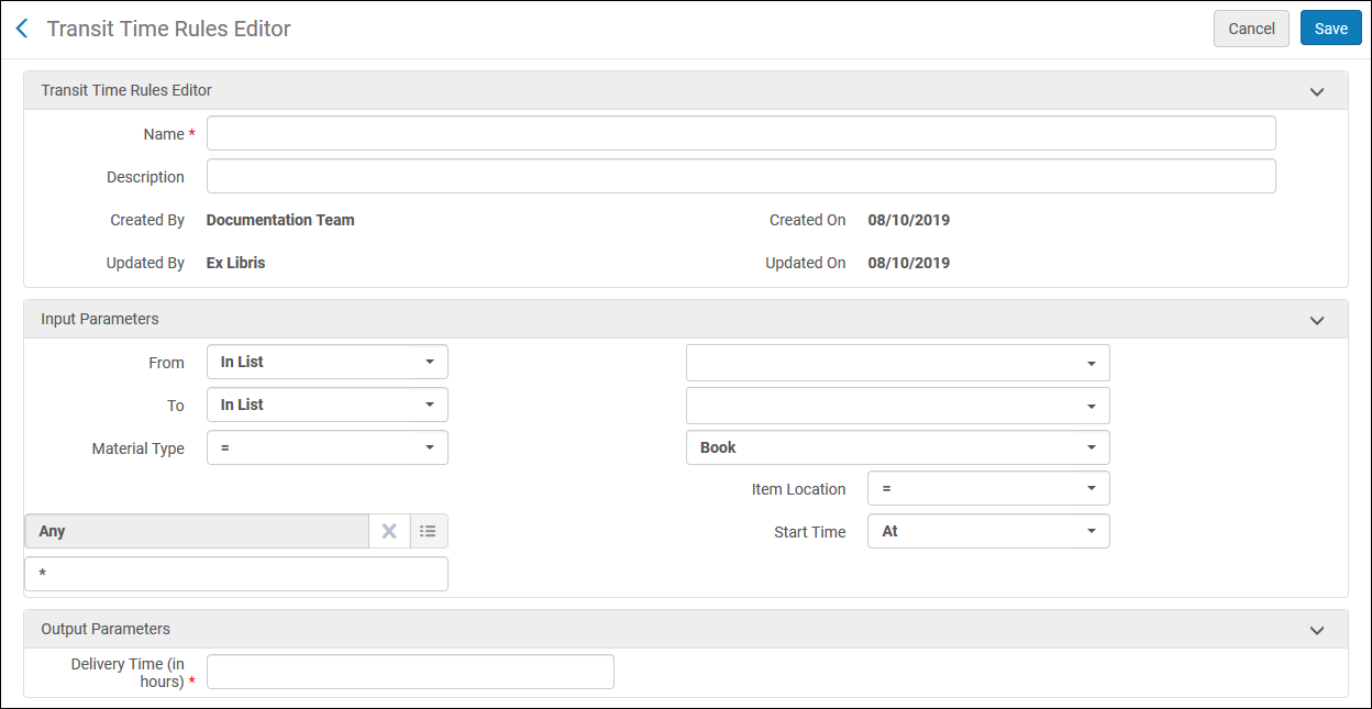 Transit Time Rules Editor Page
