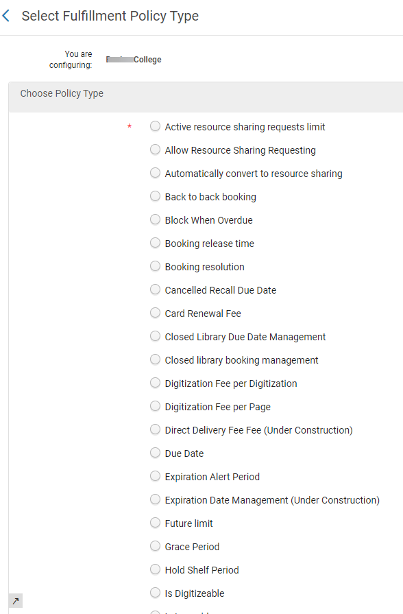 Select Fulfillment Policy Type (Partial List)