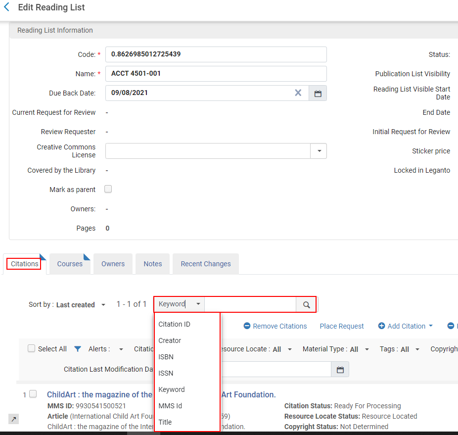 The option to citation search list