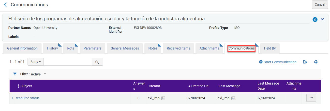 The communications tab