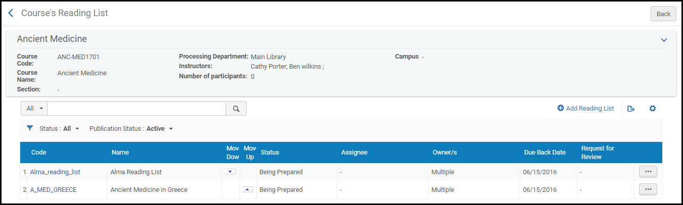 The courses reading list pane