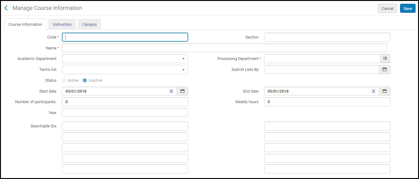 The course information configuration form