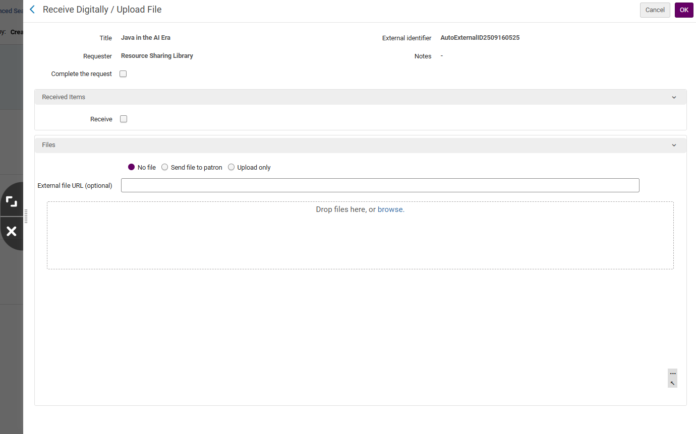 The Receive Digitally/Upload File page